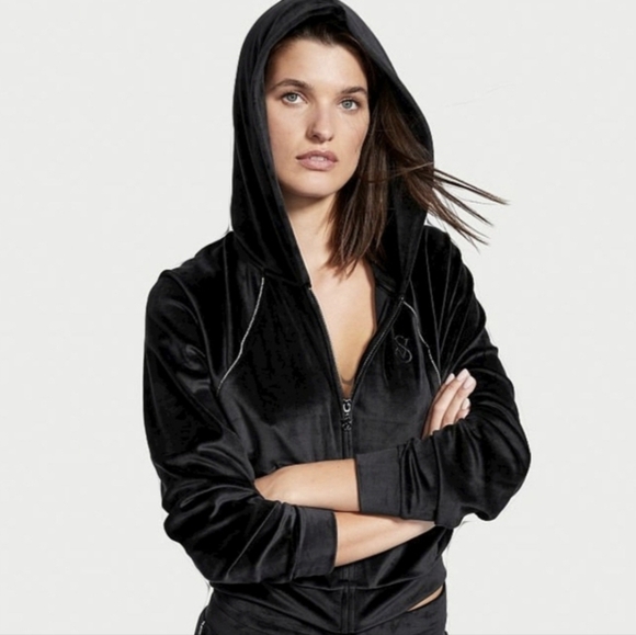 Victoria's Secret On Point Velour Rhinestone Full Zip Hoodie Black Women's XXL - Picture 1 of 7